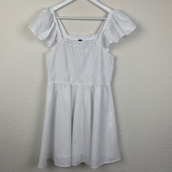 Old Navy Dress Womens Medium White Flutter Sleeve Fit Flare Smocked Mini Short - Picture 3 of 7